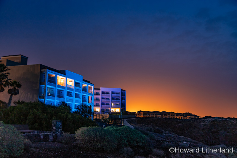 Hotel lit up at night, Tenerife, Canary islands