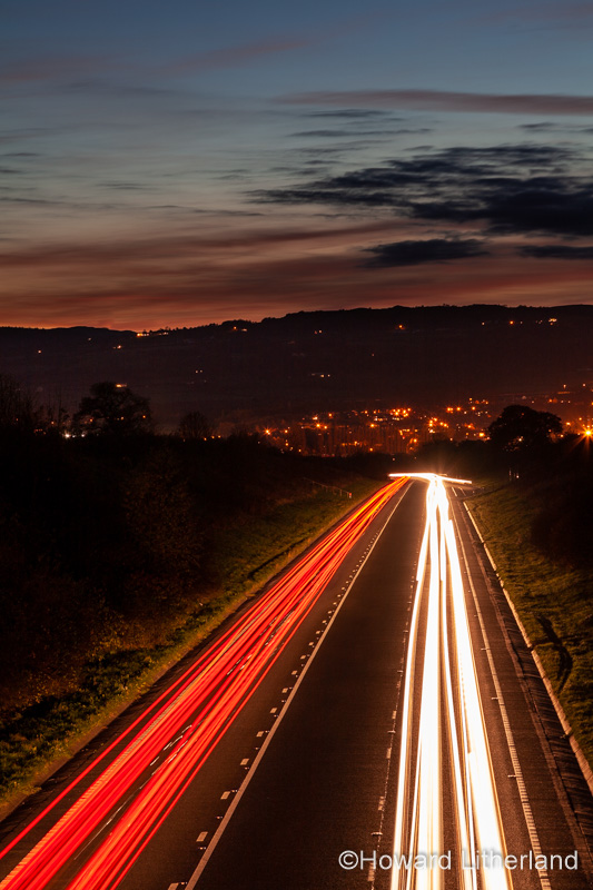 Traffic trails at dusk, North Wales