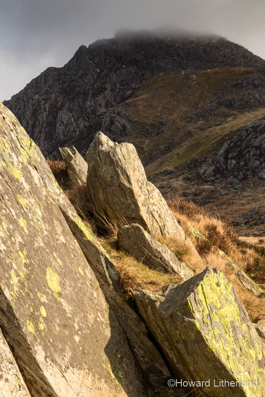 Cloud capped mountain Tryfan, as seen from the path to Llyn Idwal, Snowdonia, North Wales