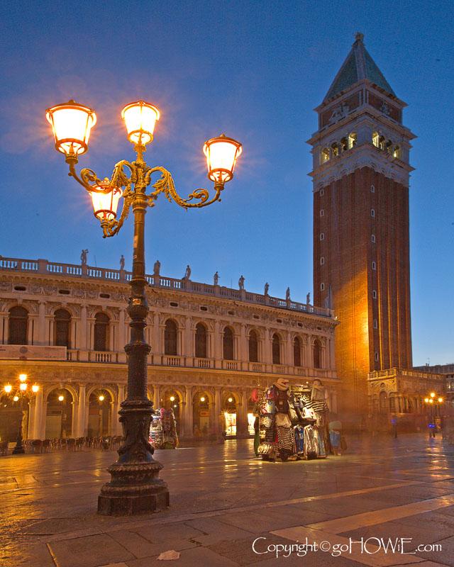 Clock tower at St Mark's Square at night, Venice, Italy