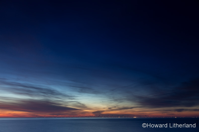 Colwyn Bay windfarm at dusk on the North Wales coast
